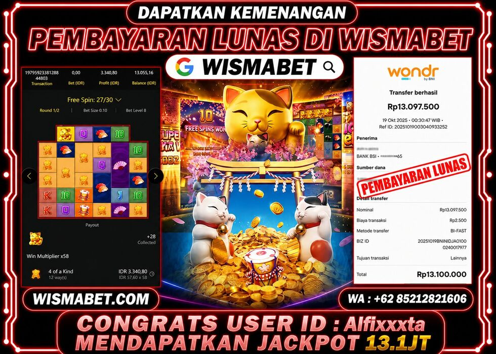 Wismabet - BUKTI KEMENANGAN Lucky Neko Rp13,100,000,- LUNAS