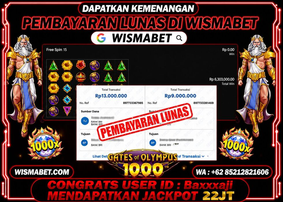 Wismabet - BUKTI KEMENANGAN Gates Of Olympus 1000x Rp22,000,000,- LUNAS