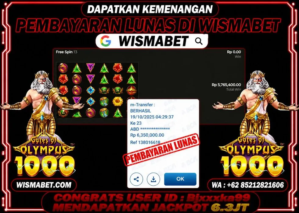 Wismabet - BUKTI KEMENANGAN Gates Of Olympus 1000x Rp6,350,000,- LUNAS