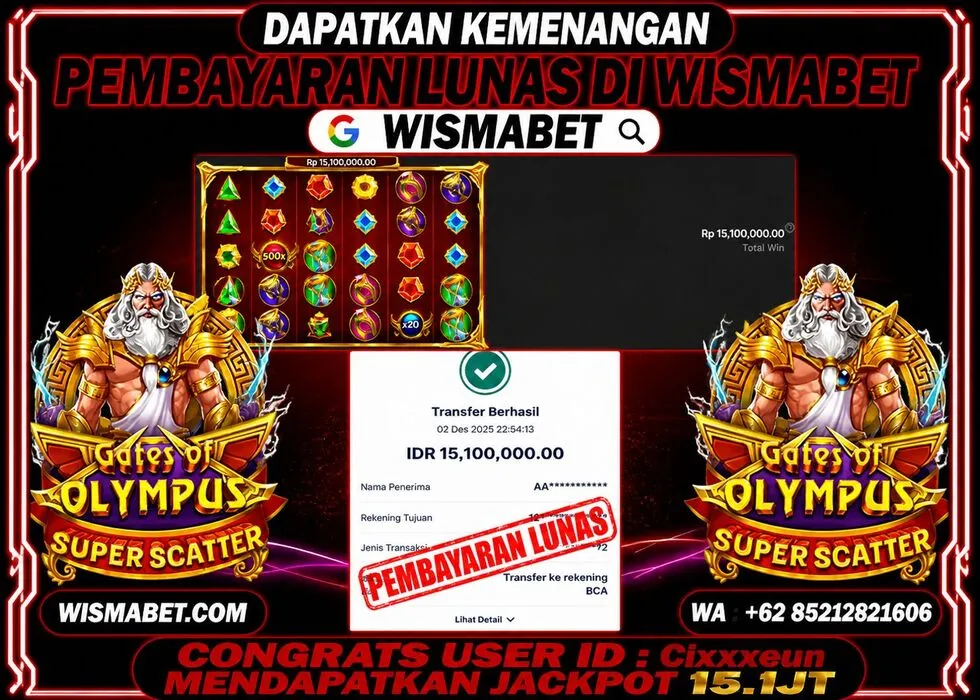 Wismabet - BUKTI KEMENANGAN Gates Of Olympus Superscatter Rp15,100,000,- LUNAS
