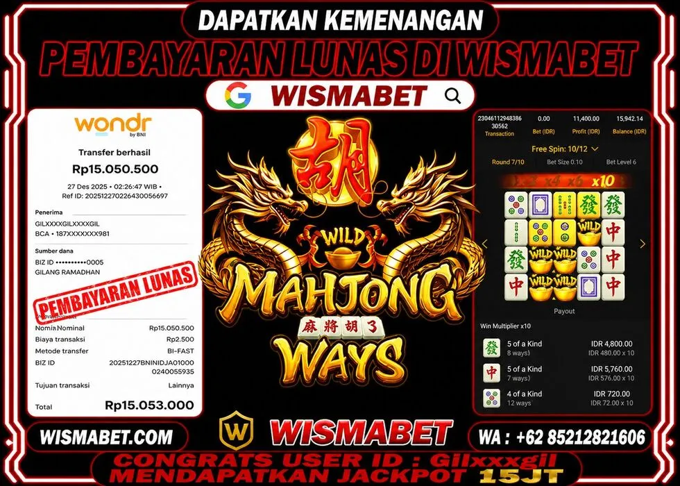 Wismabet - BUKTI KEMENANGAN MAHJONG WAYS Rp15,053,000,- LUNAS