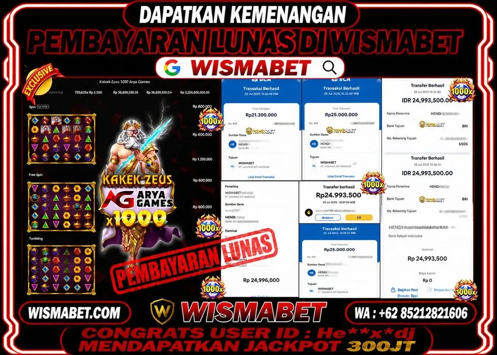 Wismabet - BUKTI KEMENANGAN KAKEK ZEUS x1000 ARYA GAMES Rp300,000,000,- LUNAS