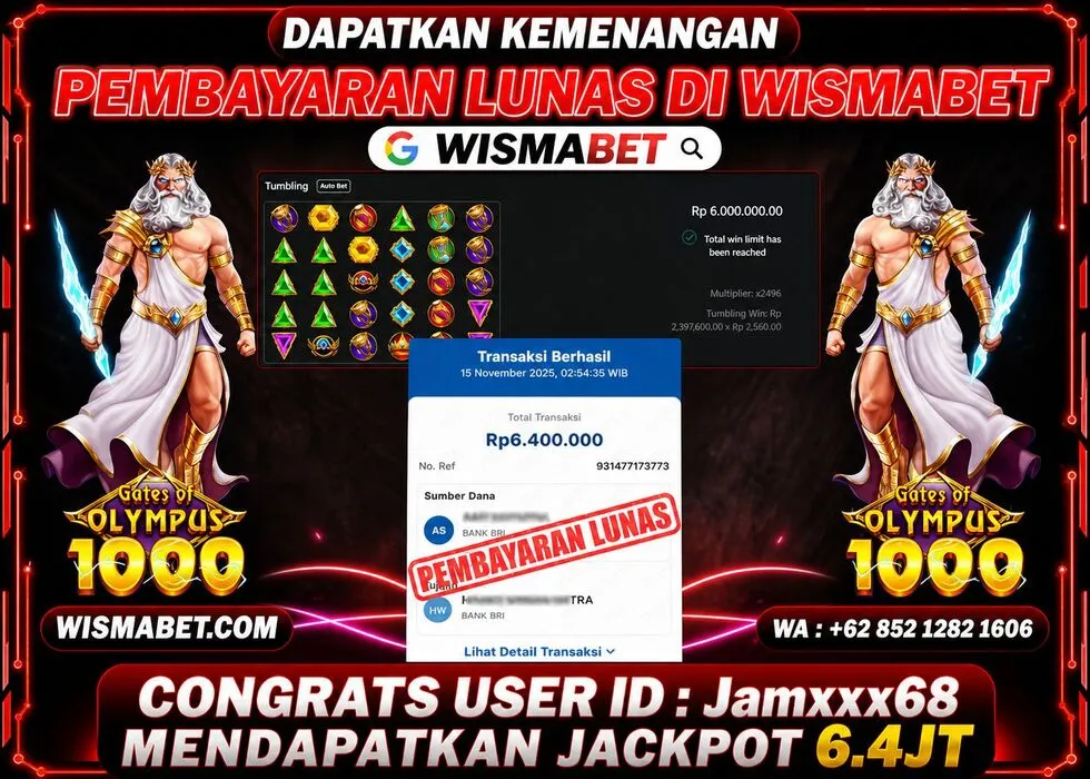 Wismabet - BUKTI KEMENANGAN MAXWIN Gates of Olympus 1000 Rp6,400,000,- LUNAS
