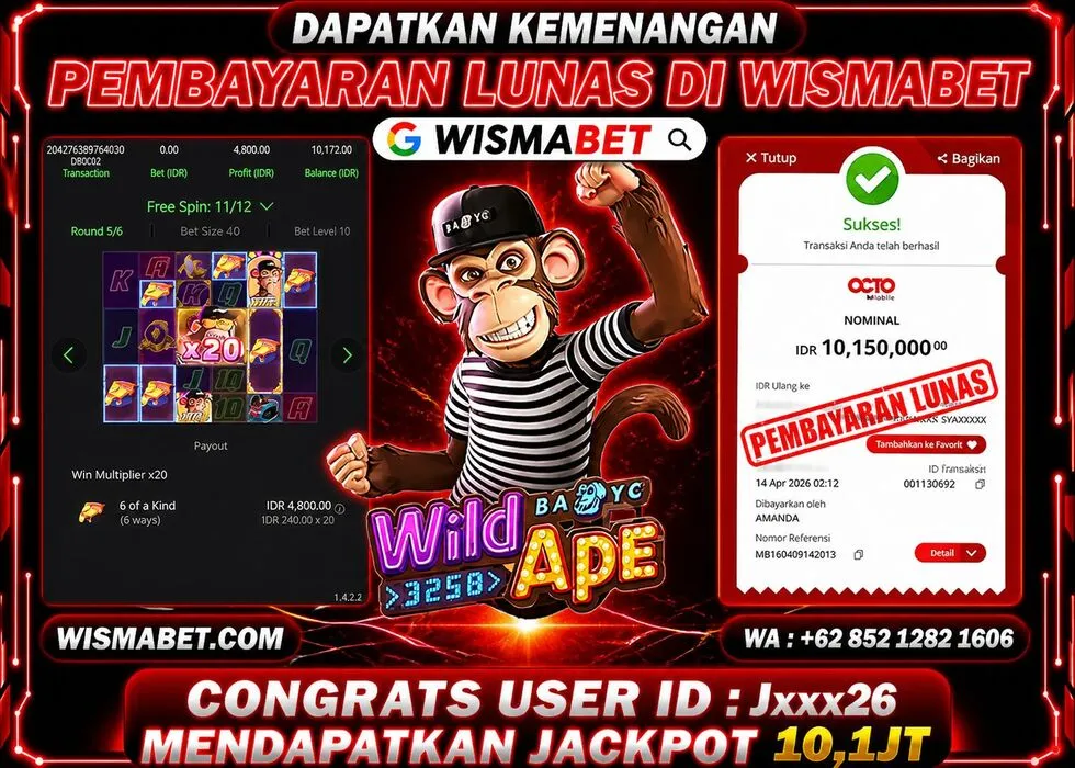 Wismabet - BUKTI KEMENANGAN JACKPOT Wild Ape Rp10,200,000,- LUNAS