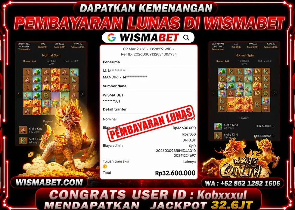 Wismabet - BUKTI KEMENANGAN Ways Of Qilin Rp32,600,000,- LUNAS
