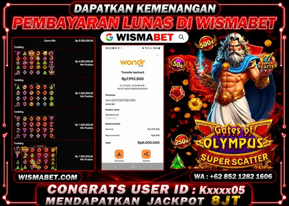 Wismabet - BUKTI KEMENANGAN GATES OF OLYMPUS SUPER SCATTER Rp8,000,000,- LUNAS