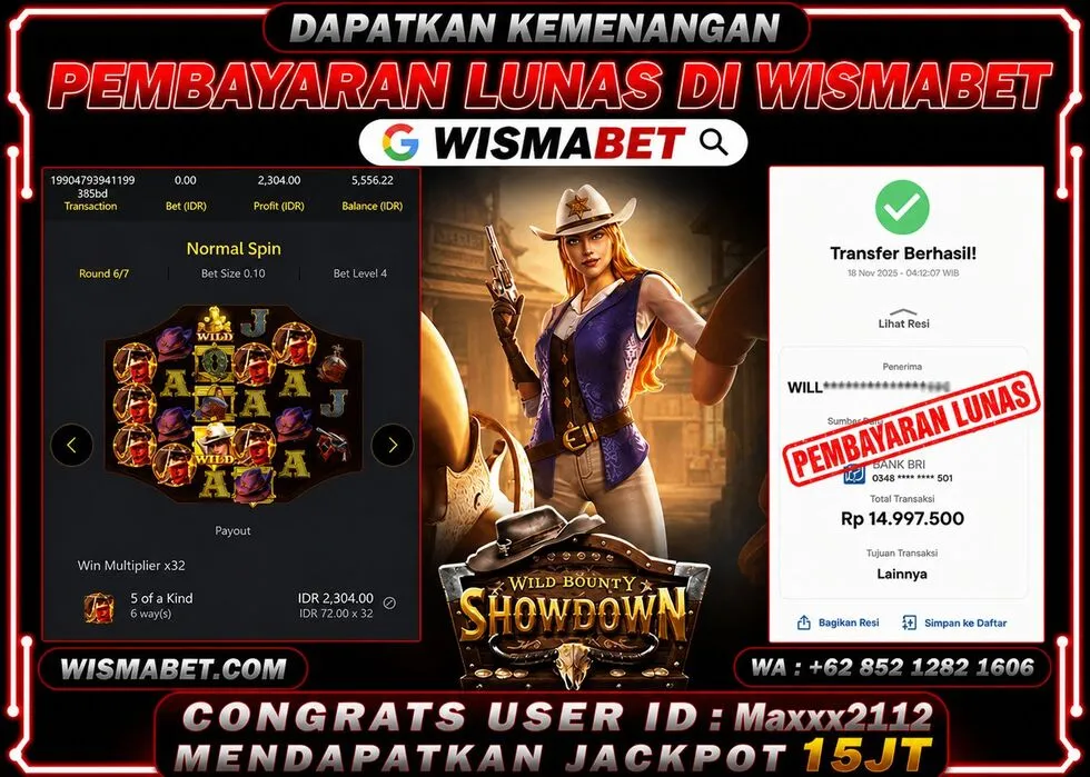 Wismabet - BUKTI KEMENANGAN JACKPOT Wild Bounty Showdown Rp15,000,000,- LUNAS