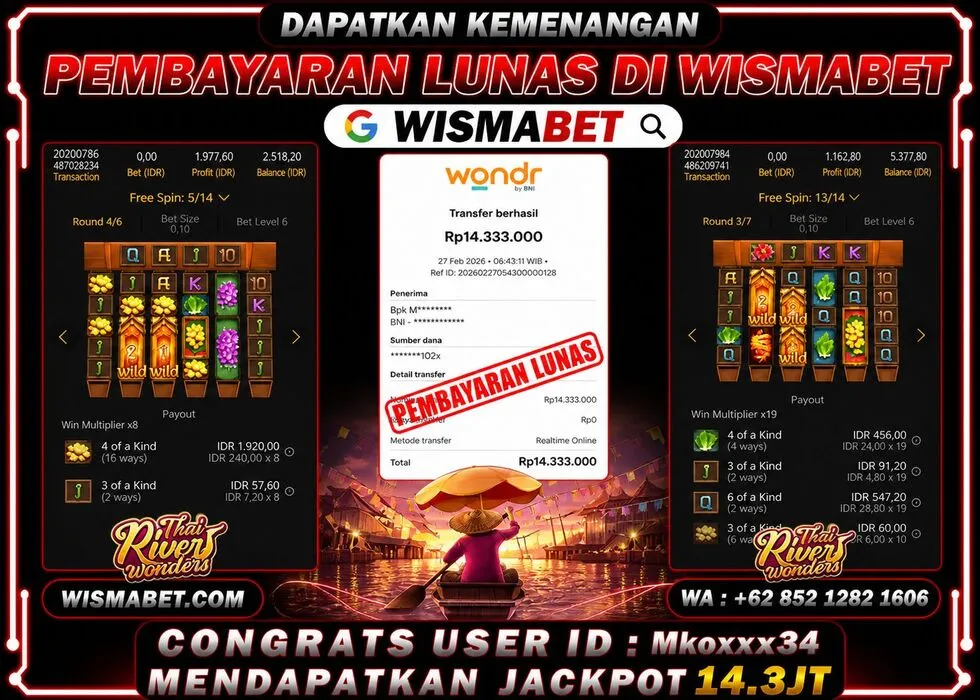 Wismabet - BUKTI KEMENANGAN Thai River Wonders Rp14,333,000,- LUNAS