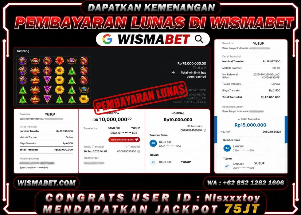 Wismabet - BUKTI KEMENANGAN Gates Of Olympus 1000x Rp75,000,000,- LUNAS