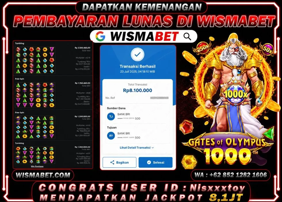 Wismabet - BUKTI KEMENANGAN Gates Of Olympus x1000 Rp8,100,000,- LUNAS