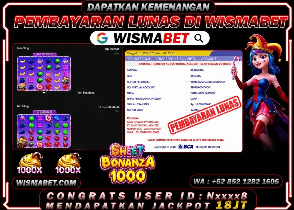 Wismabet - BUKTI KEMENANGAN JACKPOT Sweet Bonanza 1000 Rp18,000,000,- LUNAS