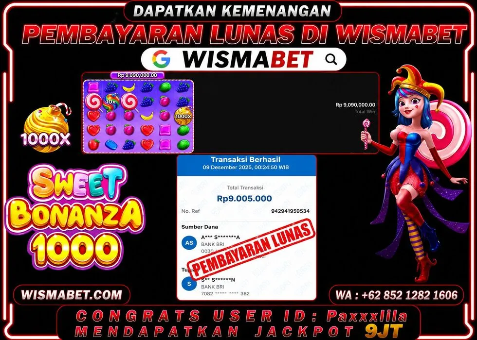 Wismabet - BUKTI KEMENANGAN Sweet Bonanza 1000 Rp9,005,000,- LUNAS