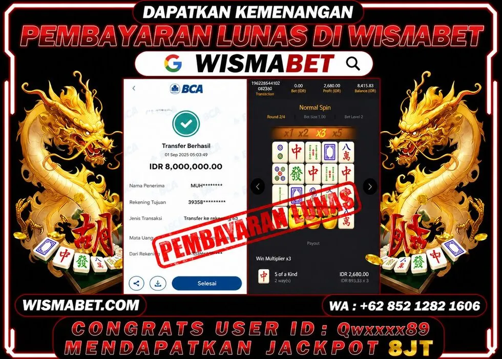 Wismabet - BUKTI KEMENANGAN Mahjong Ways Rp8,000,000,- LUNAS