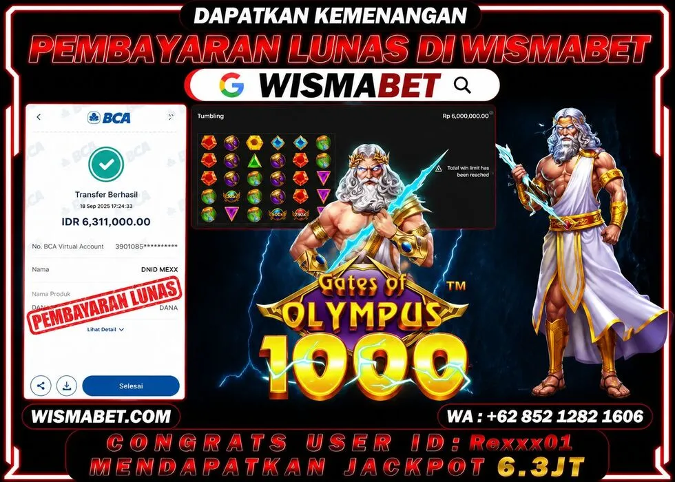 Wismabet - BUKTI KEMENANGAN Gates Of Olympus 1000x Rp6,311,000,- LUNAS