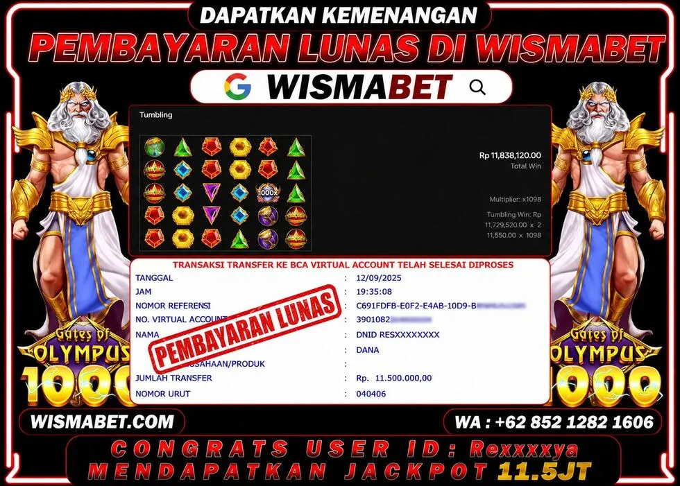 Wismabet - BUKTI KEMENANGAN Gates Of Olympus 1000x Rp11,500,000,- LUNAS