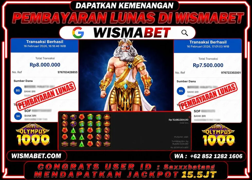 Wismabet - BUKTI KEMENANGAN JACKPOT Gates of Olympus 1000 Rp15,500,000,- LUNAS
