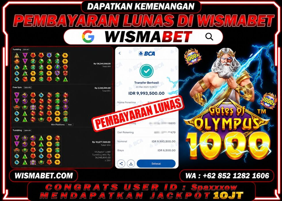Wismabet - BUKTI KEMENANGAN Gates Of Olympus 1000x Rp10,000,000,- LUNAS