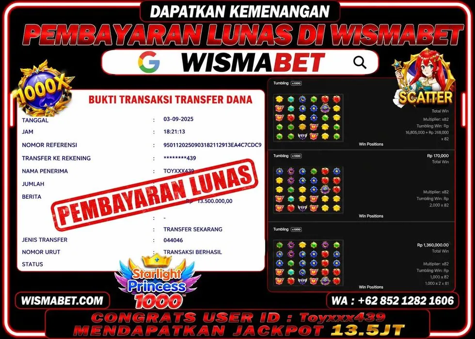 Wismabet - BUKTI KEMENANGAN Starlight Princess 1000x Rp13,500,000,- LUNAS