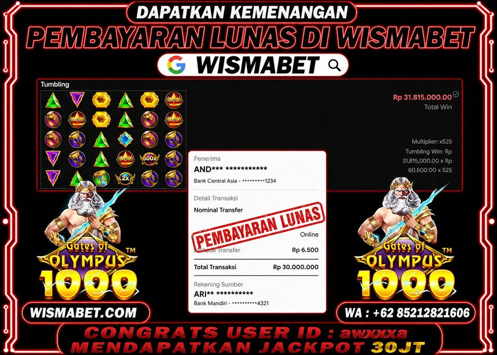 Wismabet - BUKTI KEMENANGAN Gates Of Olympus 1000x Rp30,000,000,- LUNAS