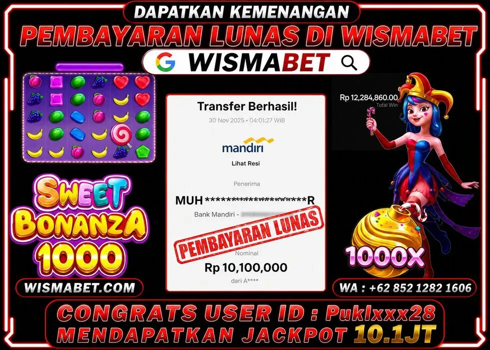 Wismabet - BUKTI KEMENANGAN JACKPOT Sweet Bonanza 1000 Rp10,100,000,- LUNAS