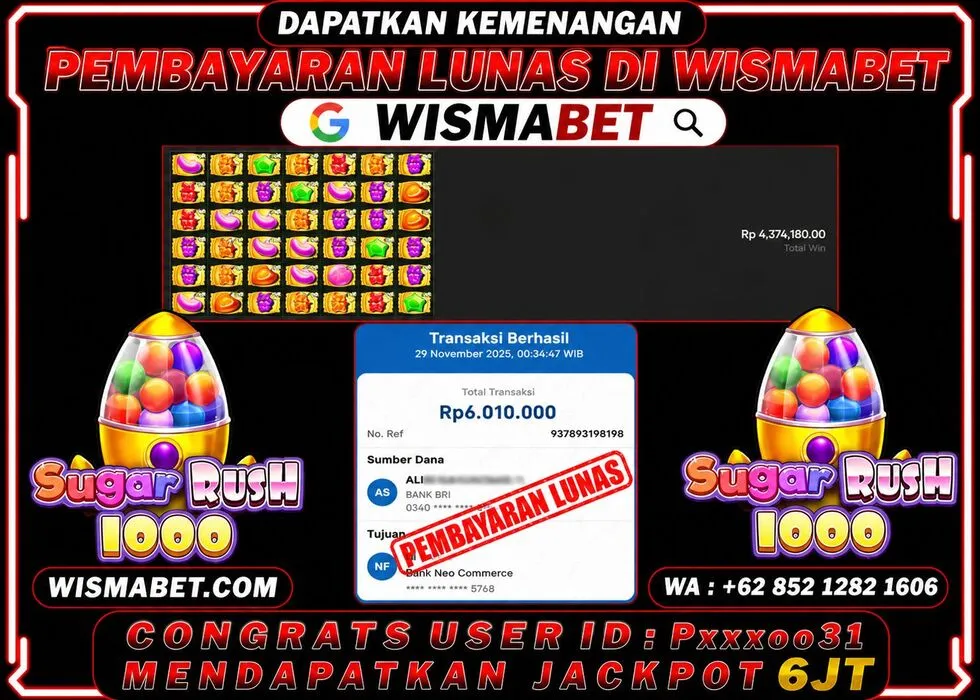 Wismabet - BUKTI KEMENANGAN Sugar Rush 1000 Rp6,010,000,- LUNAS
