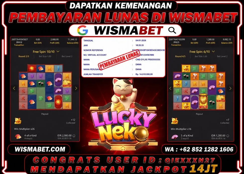 Wismabet - BUKTI KEMENANGAN Lucky Neko Rp14,010,000,- LUNAS