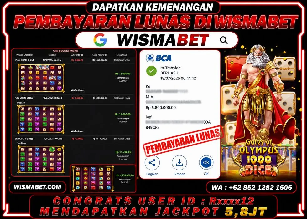 Wismabet - BUKTI KEMENANGAN Gates of Olympus 1000 Dice Rp5,800,000,- LUNAS