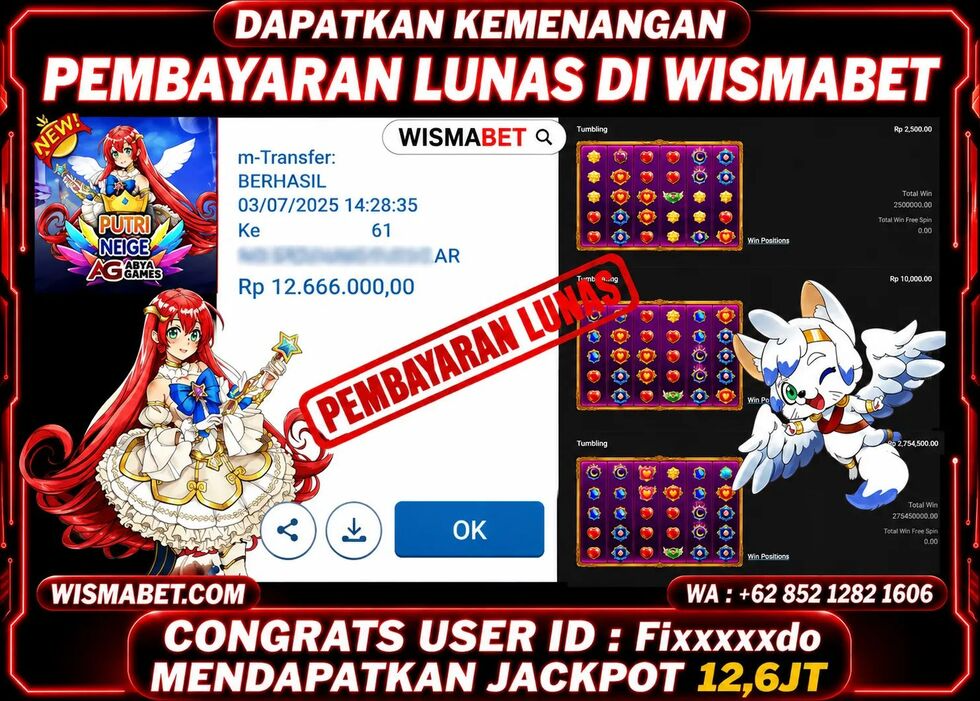 Wismabet - BUKTI KEMENANGAN Putri Inces Aryagames Rp12,666,000,- LUNAS