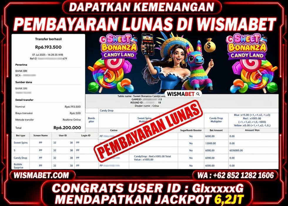 Wismabet - BUKTI KEMENANGAN Sweet Bonanza CandyLand Rp6,200,000,- LUNAS