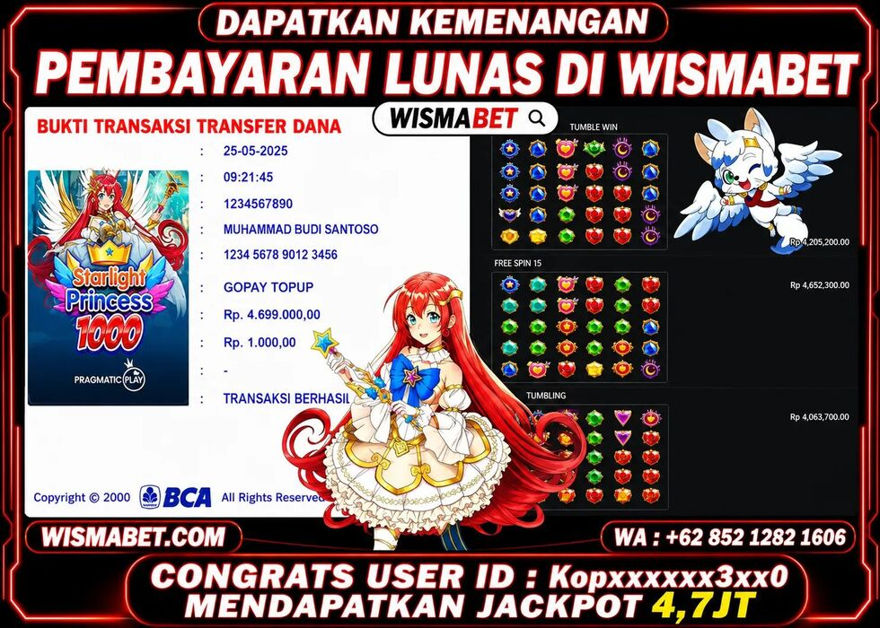 Wismabet - BUKTI KEMENANGAN JACKPOT Starlight Princess 1000 Rp4,700,000,- LUNAS