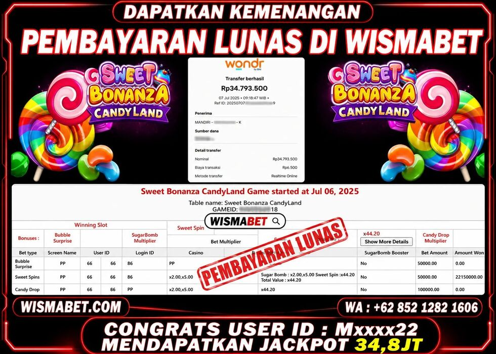 Wismabet - BUKTI KEMENANGAN Sweet Bonanza CandyLand Rp34,800,000,- LUNAS