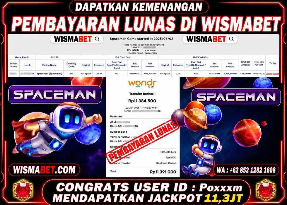 Wismabet - BUKTI KEMENANGAN SPACEMAN Rp11,391,000,- LUNAS
