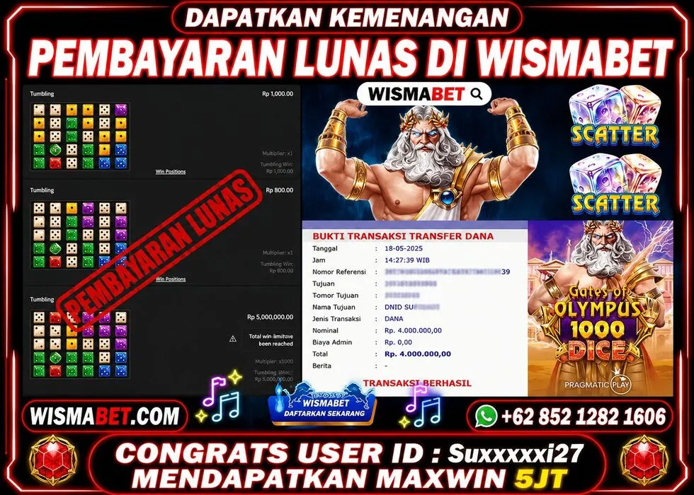 Wismabet - BUKTI KEMENANGAN JACKPOT Gates of Olympus Dice Dice Rp4,000,000,- LUNAS