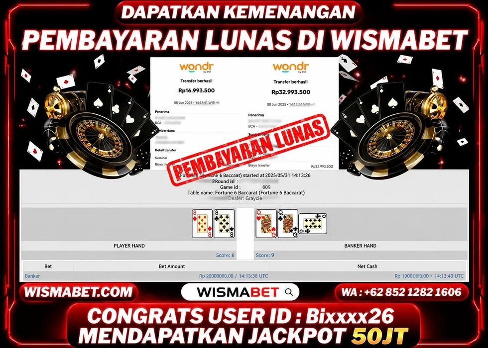 Wismabet - BUKTI KEMENANGAN JACKPOT LIVE CASINO BACCARAT Rp50,000,000,- LUNAS