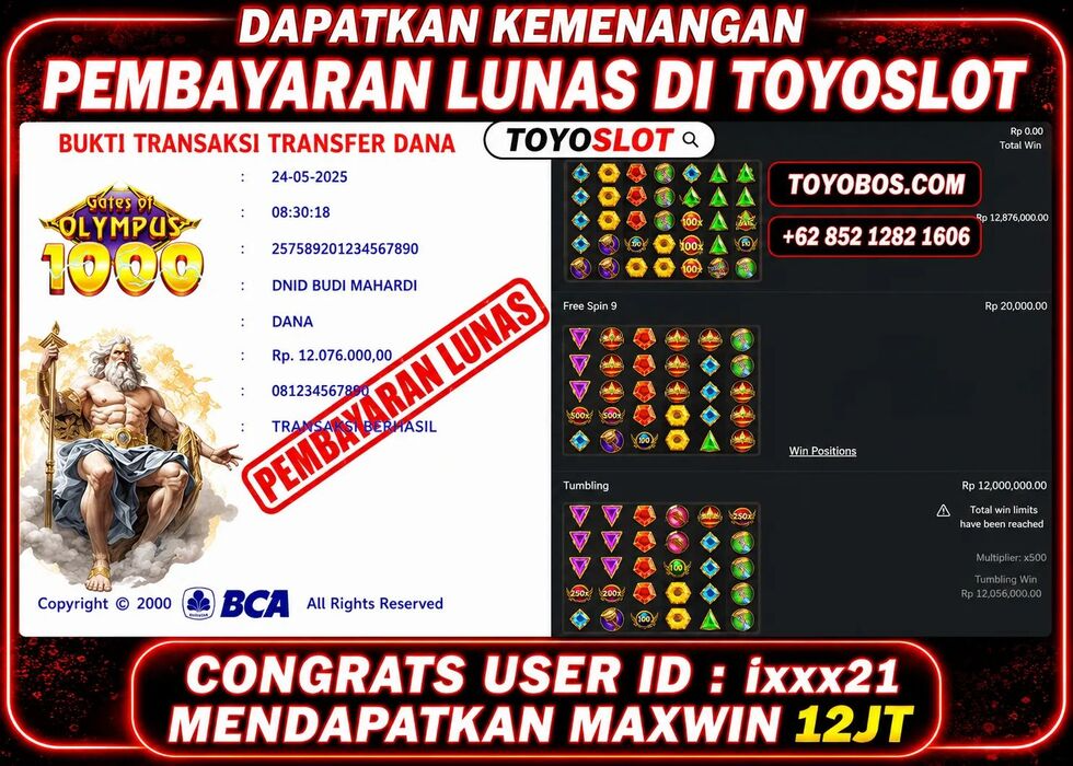 Wismabet - BUKTI KEMENANGAN MAXWIN Gates of Olympus 1000 Rp12,076,000,- LUNAS