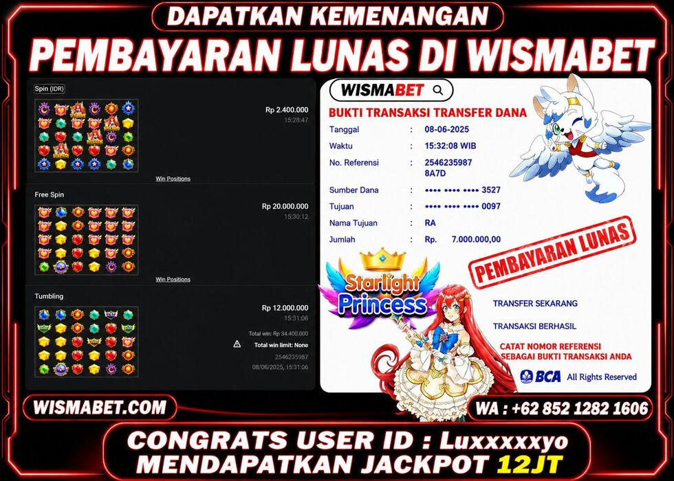 Wismabet - BUKTI KEMENANGAN Starlight Princess 1000 Rp7,000,000,- LUNAS
