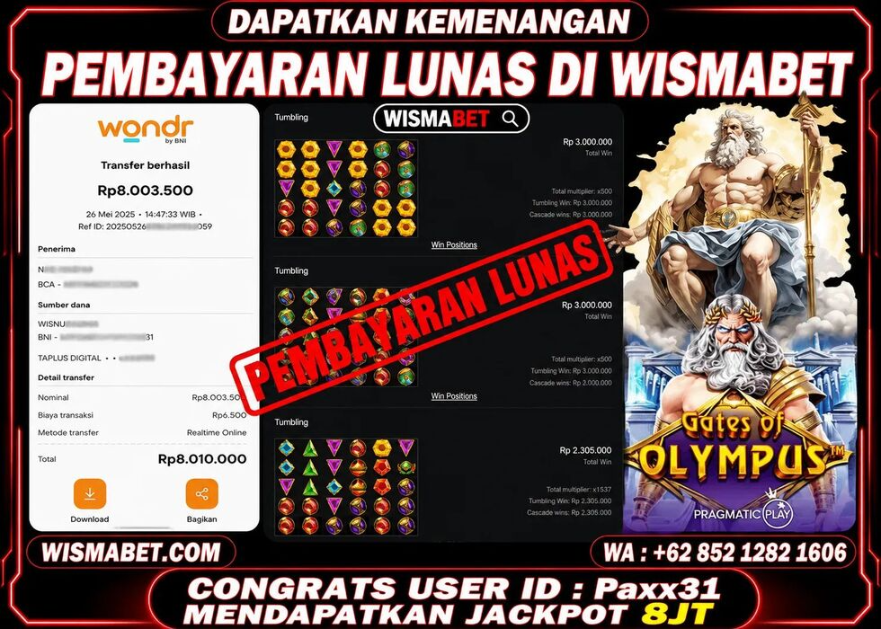 Wismabet - BUKTI KEMENANGAN JACKPOT Gates of Olympus Rp8,010,000,- LUNAS